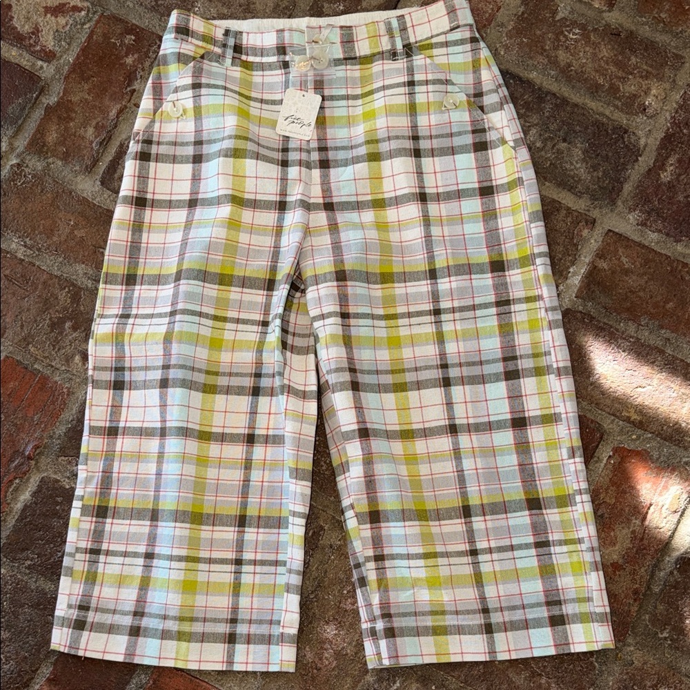 Free People White Plaid Cropped Ankle Pants with Yellow & Brown Accents